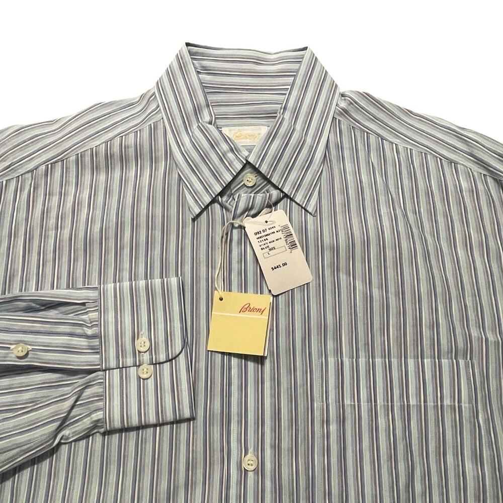 NWT Brioni Button Down Shirt Mens XL/17 Blue Linen Cotton Pinstripes Italy $445
